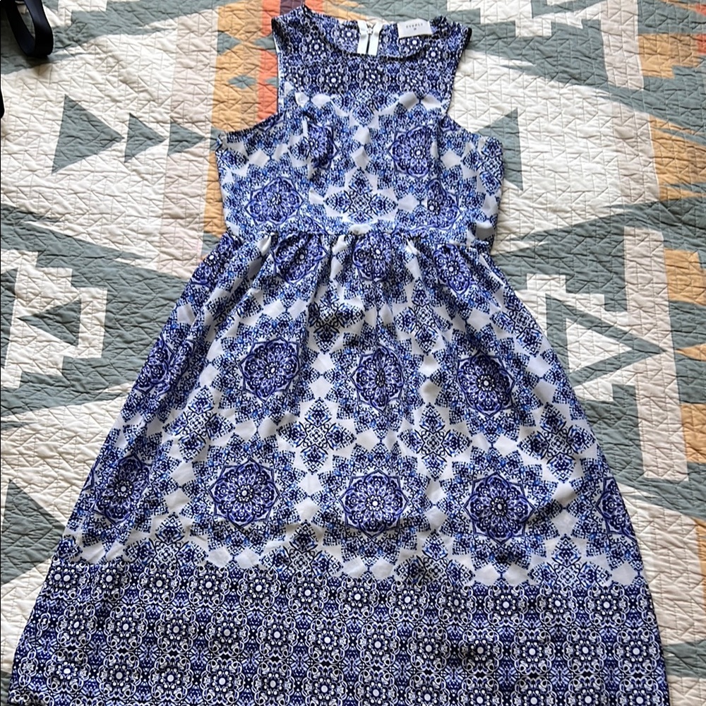 Everly Blue and White printed Midi Dress